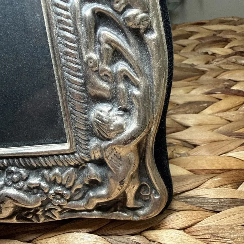 Silver Tone Cherub Putti Picture Frame Ornate Rococo 3.5x5 Glass Victorian VTG